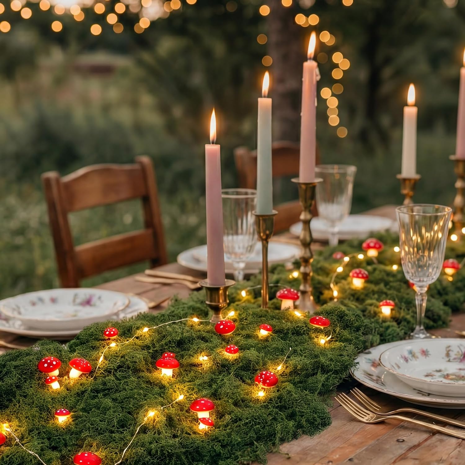 Moss Table Runner Decor with Mushroom Fairy Garden Party Decorations Fake Moss Table Runner with Mushroom LED String Lights for Forest Fairy Party Decorations(12.6 x 47.24 Inches)