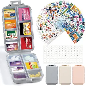 3 Pack Travel Pill Organizer Box with 415 Labels - 14 Compartments, BPA Free
