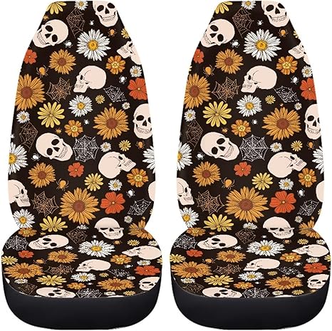 Halloween Gothic Skull Car Accessories Car Seat Covers Front Seats Only Hippie Daisy Retro Auto Seat Protectors Universal Fit Truck SUV Van Spider Web Bucket Car Cushion Covers Set