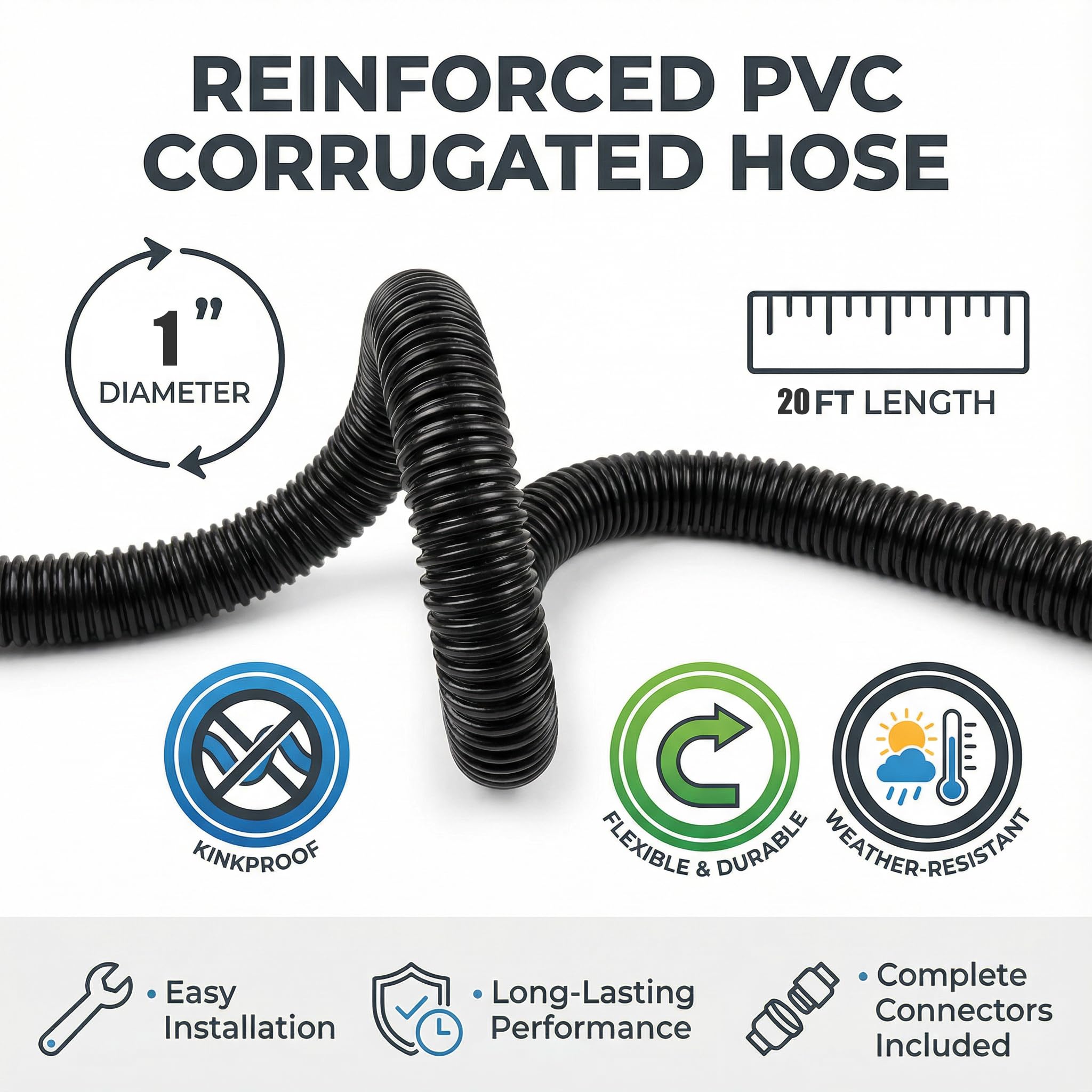 Tubo corrugado para estanque, flexible, a prueba de torceduras, manguera de PVC reforzada para jardines acuáticos, bombas, cascadas y acuicultura (20 pies, negro, 1.0 pulgadas)