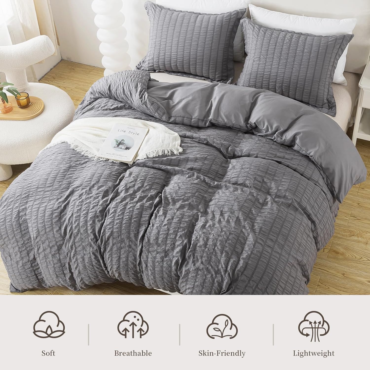 HYLEORY Gray Duvet Cover Twin Size, 3 Pieces (1 Duvet Cover + 2 Pillow Cases) Soft Washed Microfiber Seersucker Duvet Cover Set with Zipper Closure and Corner Ties for All Seasons
