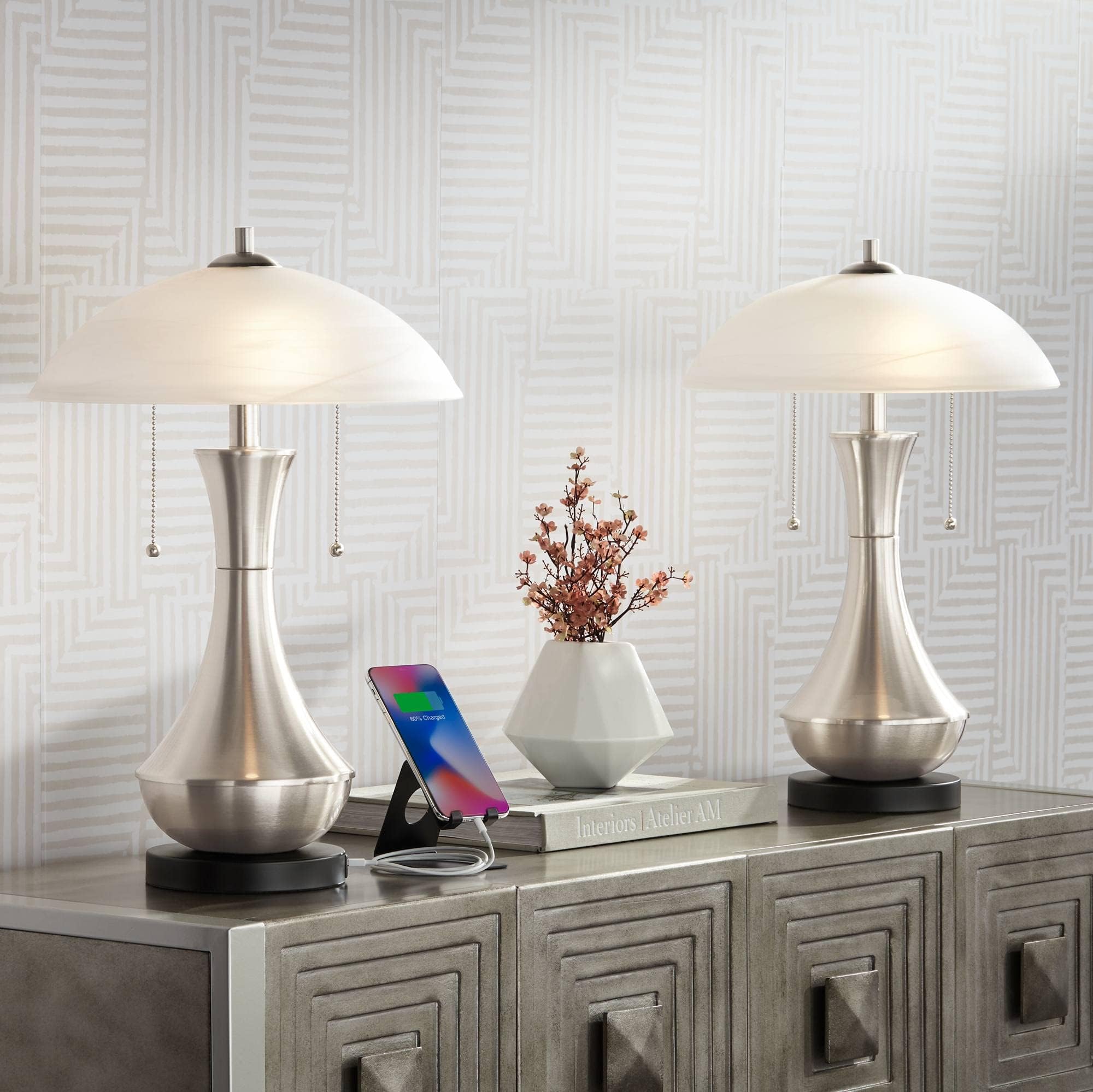 360 Lighting Simon Modern Accent Table Lamps 21" Tall Set of 2 with USB Charging Port Silver Metal White Glass Dome Shade for Bedroom Living Room House Home Desk Bedside Nightstand Office