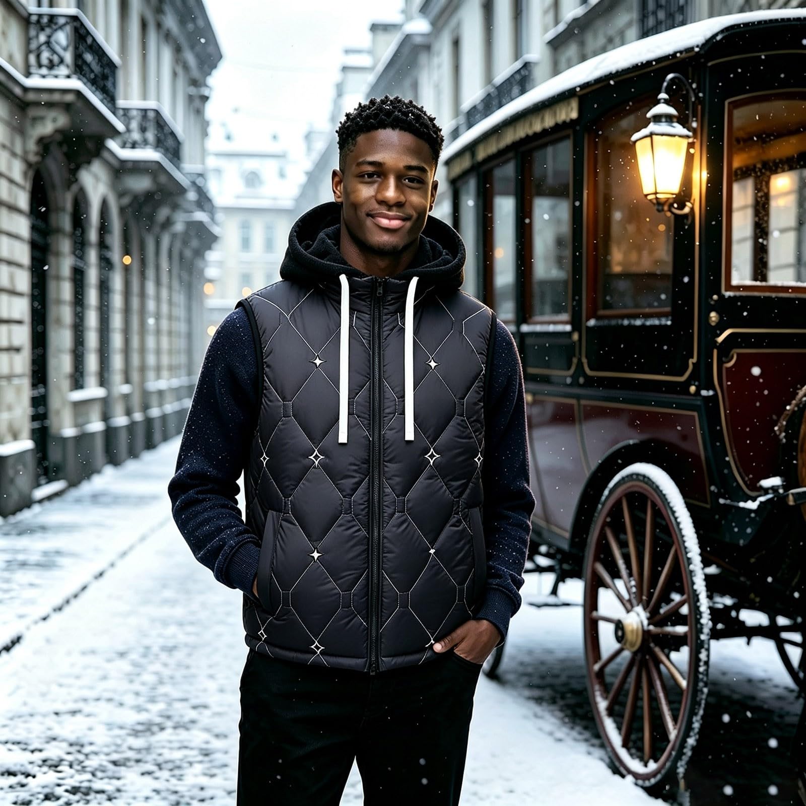 Gilet trapuntato da uomo con cappuccio, leggero, senza maniche, con cerniera, termico, invernale, in softshell, vestibilità aderente, per la mezza stagione, per tutti i giorni, viaggi e