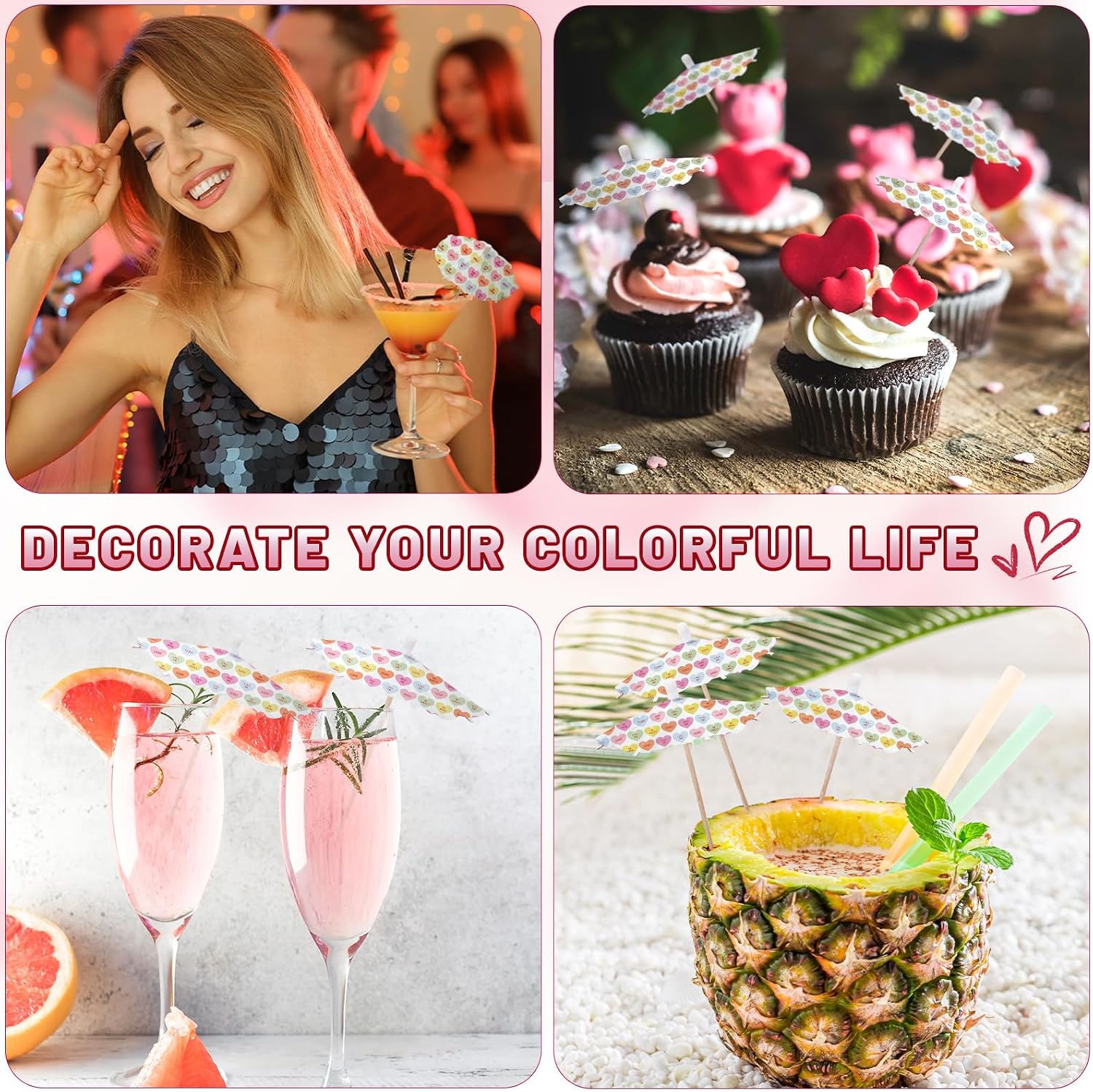 100 Pcs Valentine's Day Drink Umbrellas Cocktail Conversation Heart Umbrella Drink Sticks Toothpicks Cocktail Umbrellas Pick Paper Cupcake Topper Stick for Party Appetizers Restaurant Bar image 5