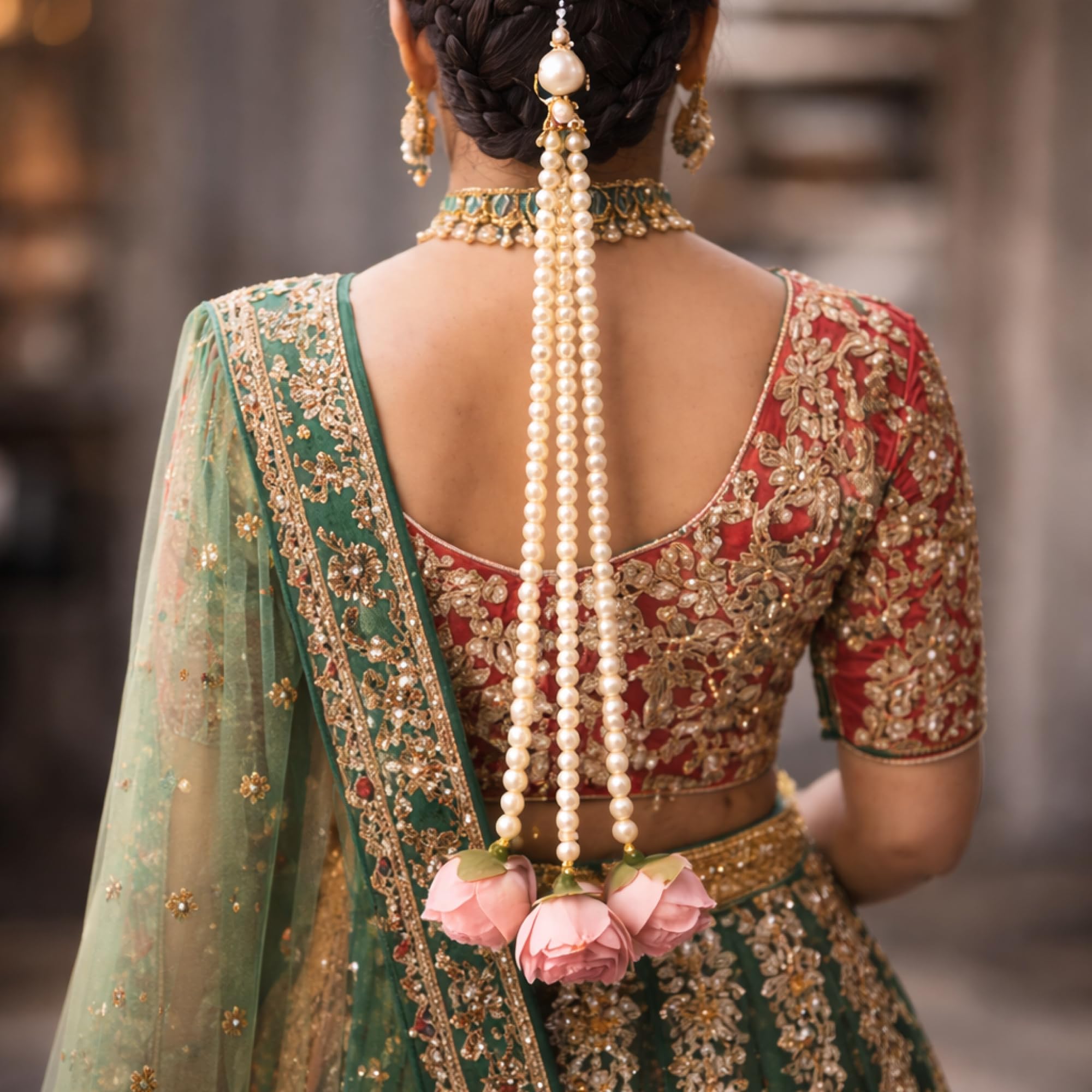Bridal Pearl Hair Extension with Pink Roses, Traditional Indian Wedding Hair, 30cm Length, Decorative Faux Pearl Strands-image-45