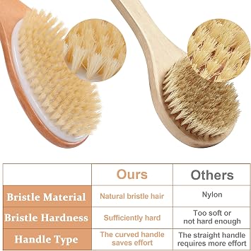 OWIIZI Dry Brushing Body Brush, Natural Boar Bristles Body Scrubber for Bath, Wooden Handle Lymphatic Drainage Brush for Skin Exfoliation and Foot Scrubbing