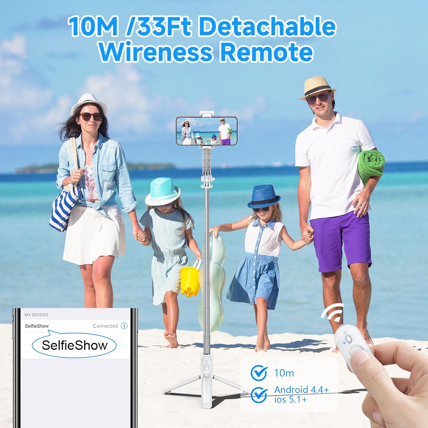 Image showing the detachable wireless remote control with a 10-meter range, indicating compatibility with Android 4.4+ and iOS 5.1+ devices.