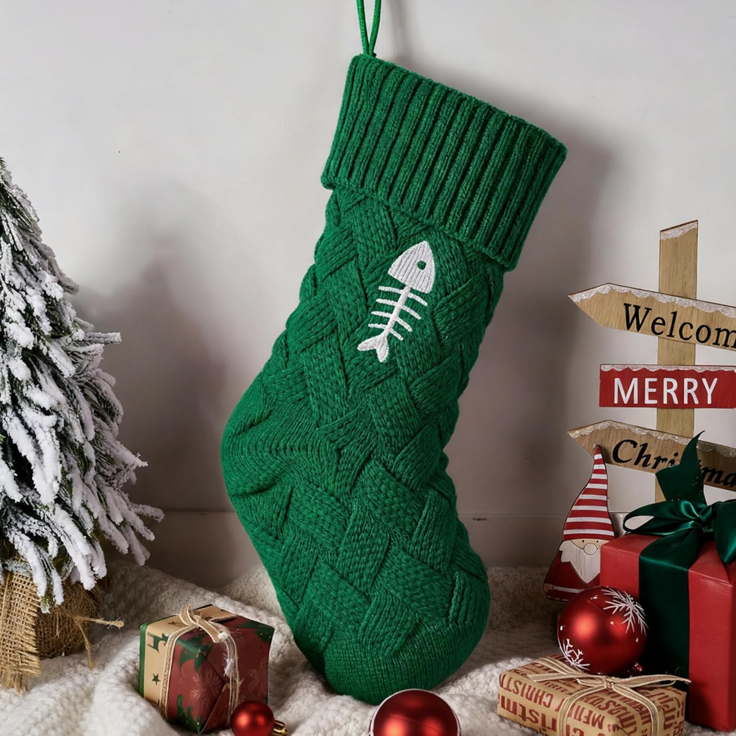Mostop Knit Christmas Stocking, Large Green Stocking with Fish Bone Embroidery Xmas Hanging Stocking for Cat Pet Home Decorations Party Favor Supplies