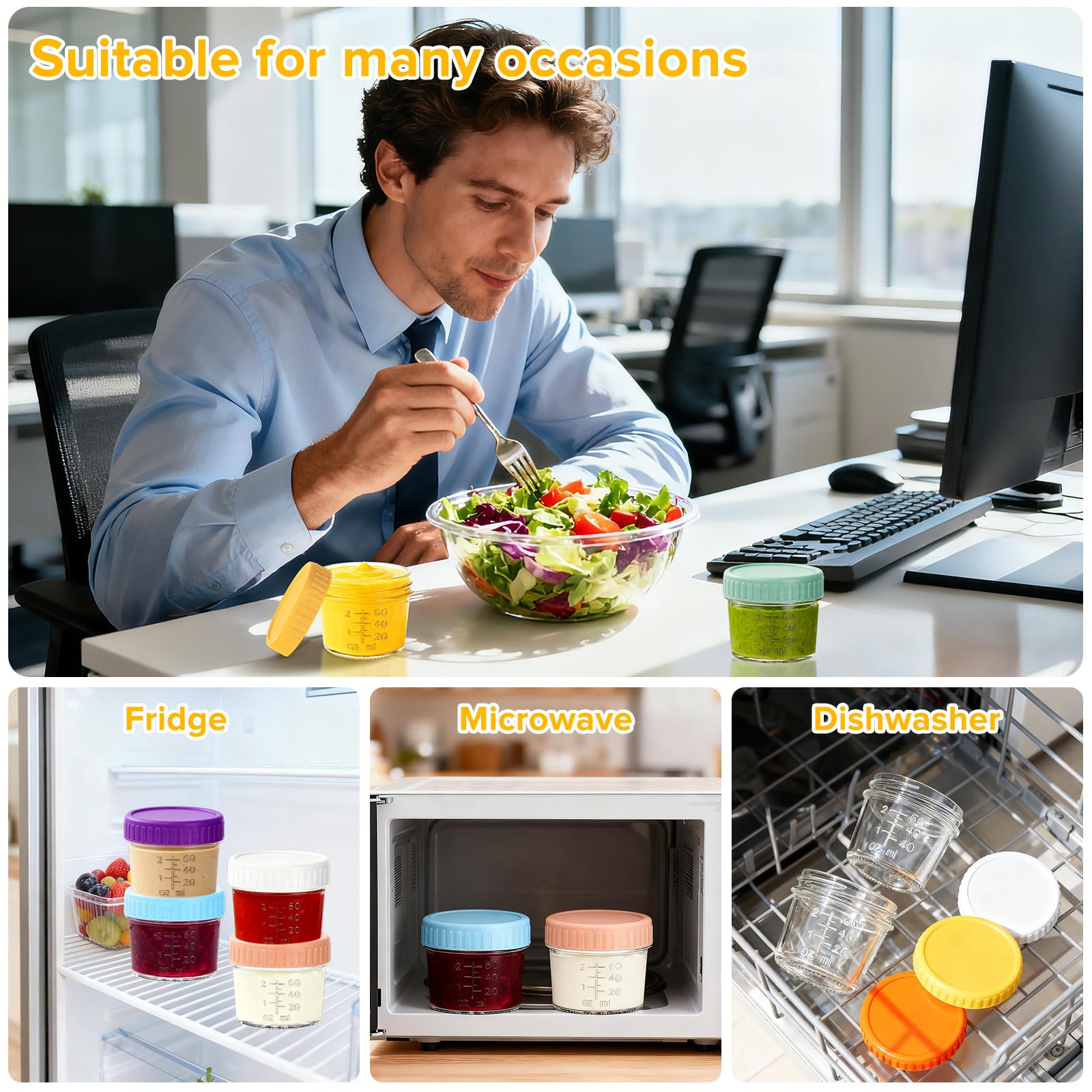 Mssushi 8 Récipients à Vinaigrette en Verre 120ml,Pots Pour Condiments avec Couvercles en Silicone Anti-Fuite,Boîtes de Conservation Alimentaire Portable,Adapté Pour Les Salades,Les Sauces et Épices