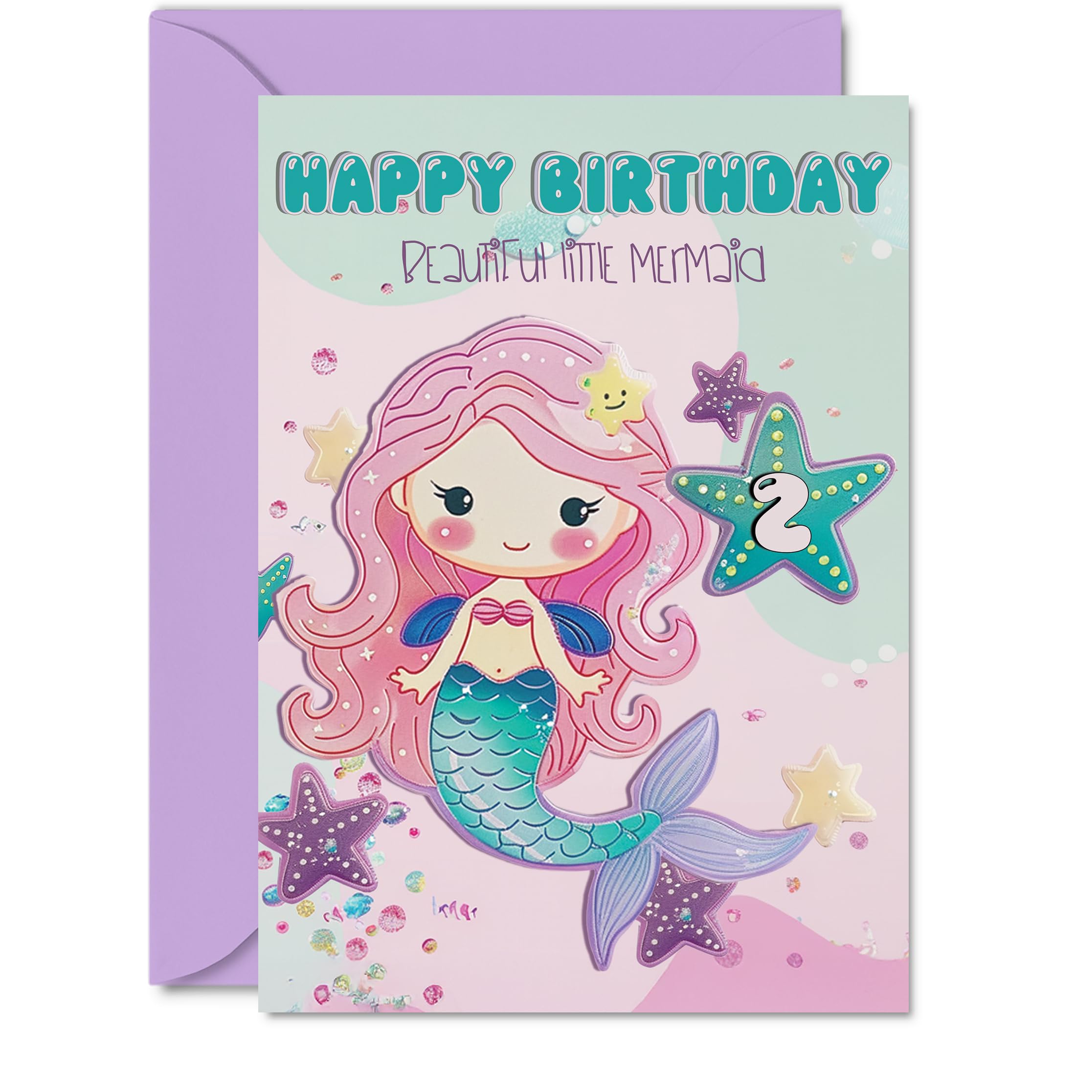 2nd Birthday Card Girl - Beautiful Little Mermaid - Happy Birthday Card for 2 Year Old Girl, Age 2 Girls Cards, A5 Bday Greeting
