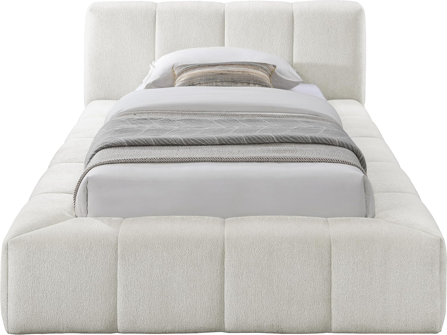 Meridian Furniture CarlinCream-T Carlin Collection Modern | Contemporary Twin Bed with Soft Cream Chenille Fabric, Channel Tufted, 57.25" W x 91.5" D x 33.5" H, Cream, Twin
