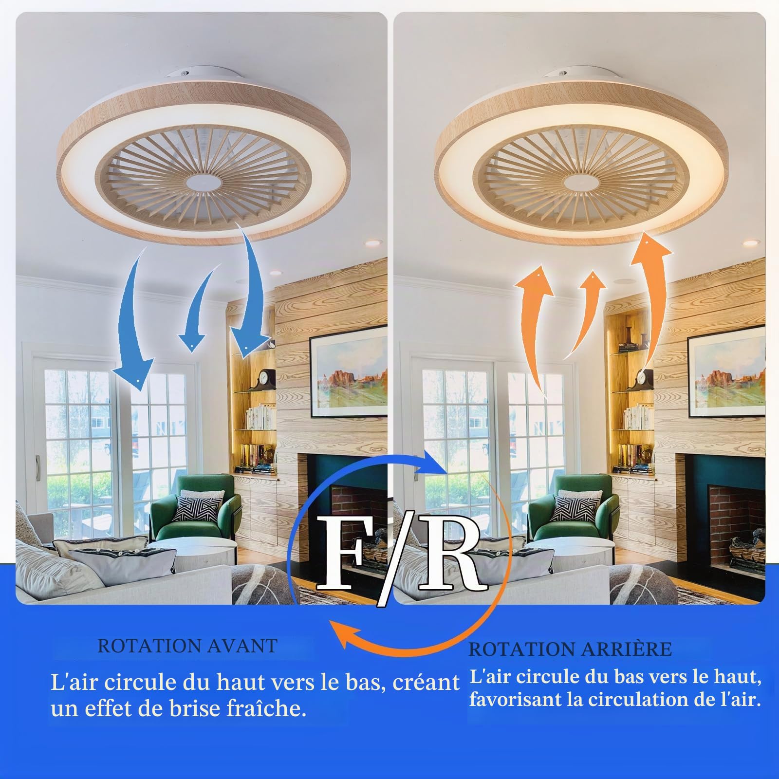50CM Moderne Bois Plafonnier Ventilateur Avec Telecommande/APP LED Dimmable, Moteur DC Réversible 6 Vitesses Lampe Ventilateur Plafond Pour Chambre/Salon Réversible Eté Hiver