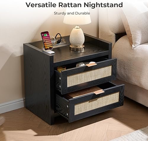 Miniatura 4 de SICOTAS - Mesita de noche de ratán, estilo bohemio, con estación de carga tipo C, 2 cajones, gris y blanco