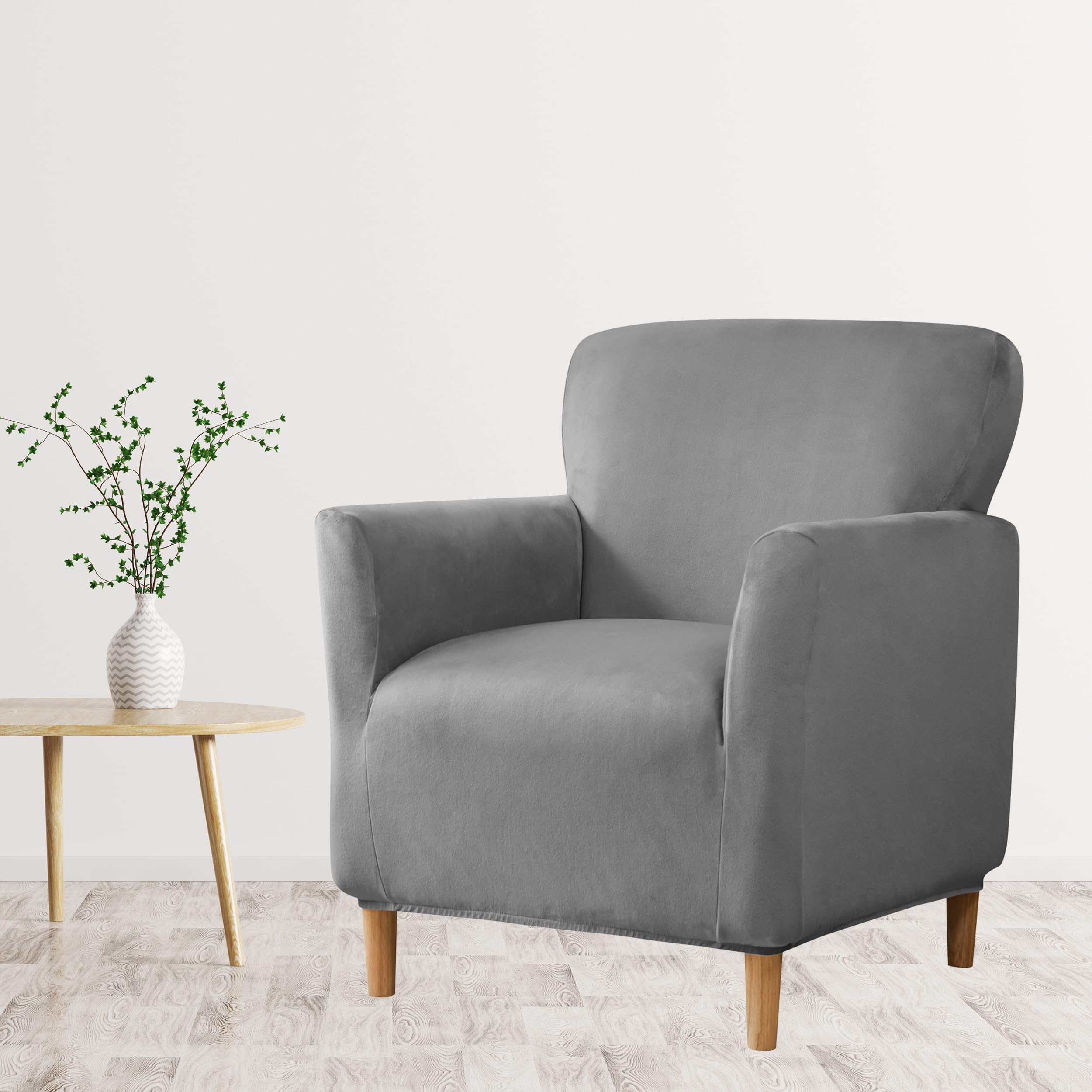 LIPOR Stretch Velvet Mid Century Modern Grey Armchair Slipcovers Soft Club Chair Cover with Arms Furniture Protector for Living Room Office Reception Reading Accent Chairs Sofa (Grey)