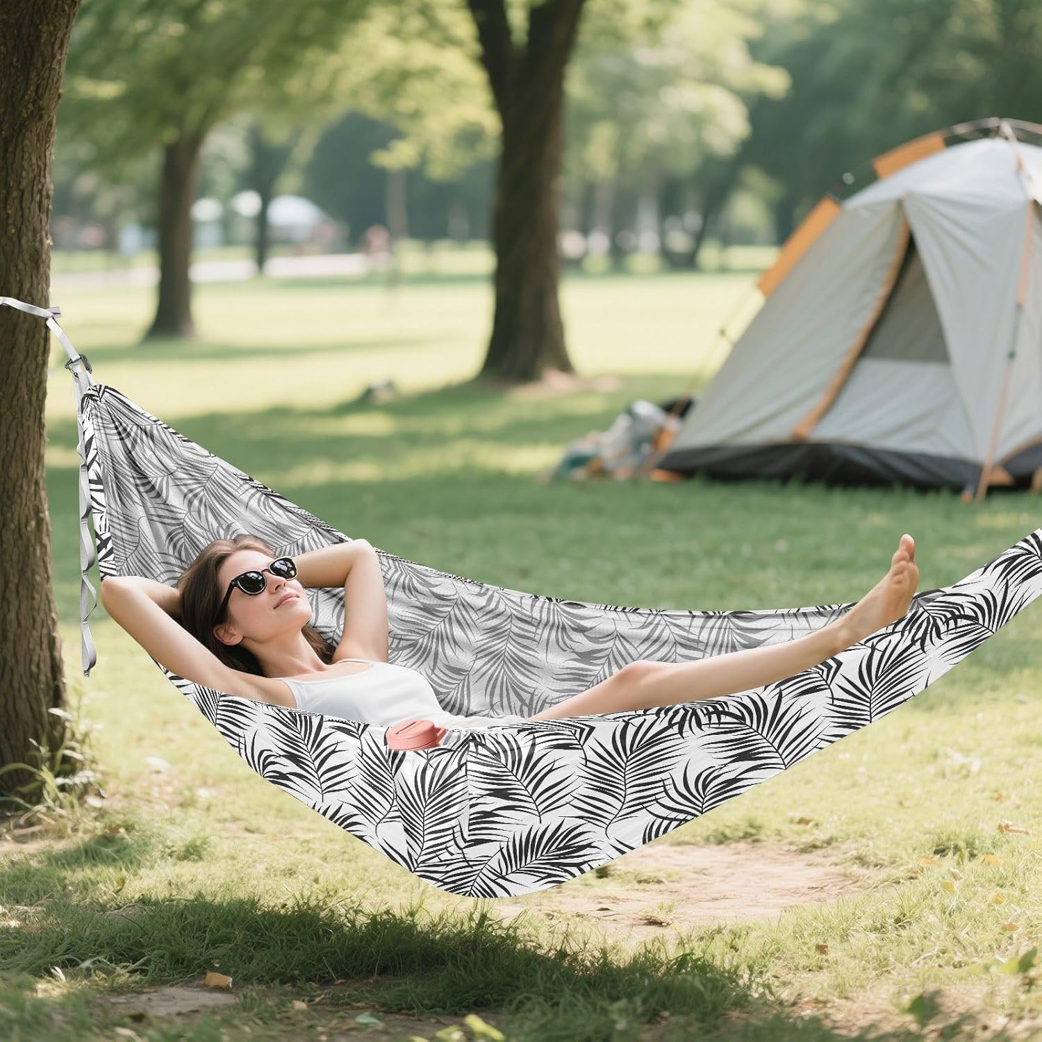 ALAZA Black Palm Leaves Camping Hammocks Single or 2 Person 500 lbs Portable Parachute Travel Hammock w/Tree Straps for Hiking Backpacking Indoor Outdoor