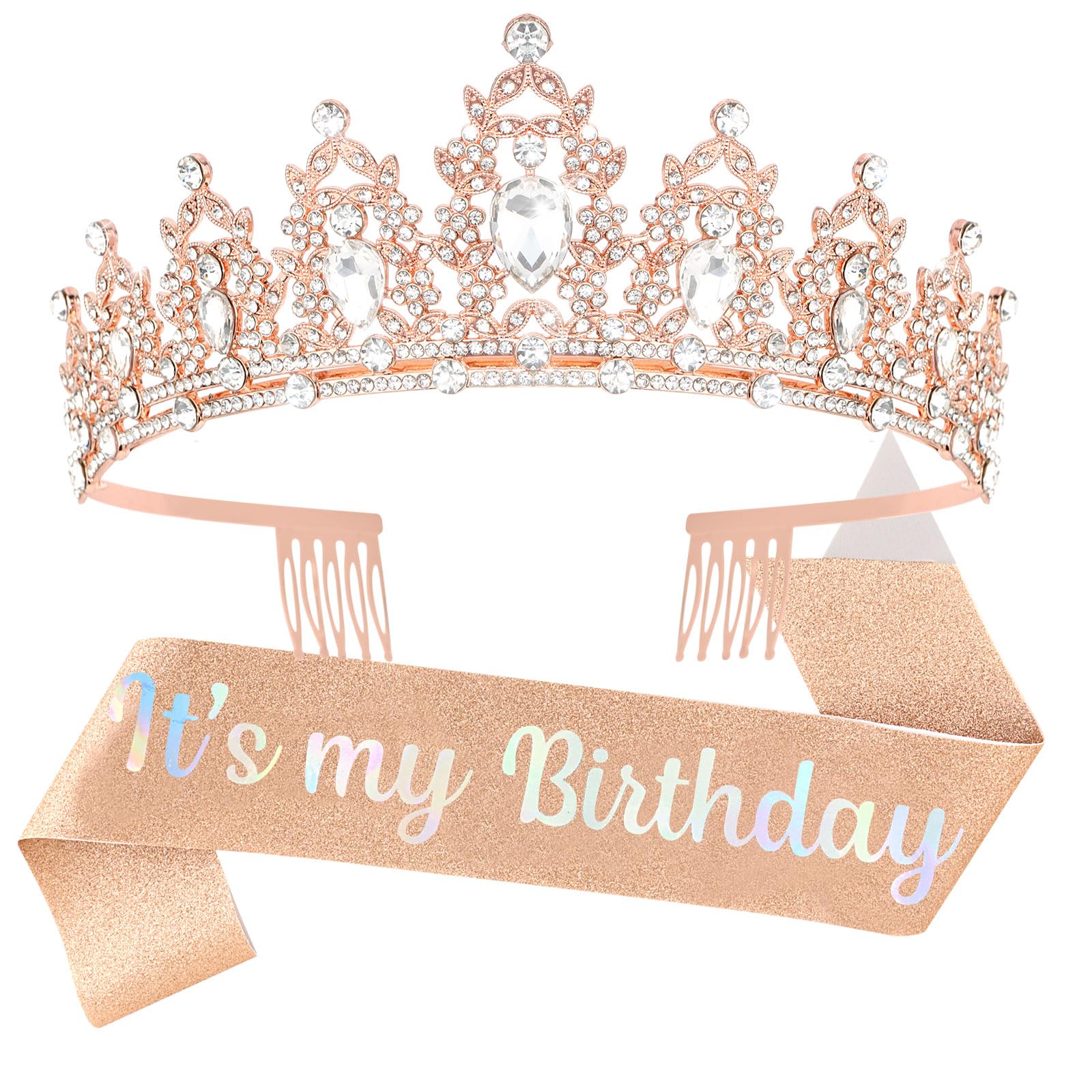 AMCAMI Rose Gold Birthday Crowns and Sash for Girls&Women Princess Crown Happy Birthday Crown and Sash Bridal Wedding Prom Party Gift
