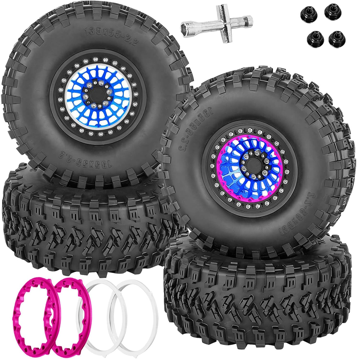 RC Aluminum 2.2" Beadlock Wheel Tires Set for 1/10 RC Crawler Car,TRX6 TRX4 SCX10 II III 90046 D90 Gen8 MST CFX VS4-10,RC Wheels 2.2 Beadlock Wheel Rims,(4PCS) Navy Blue
