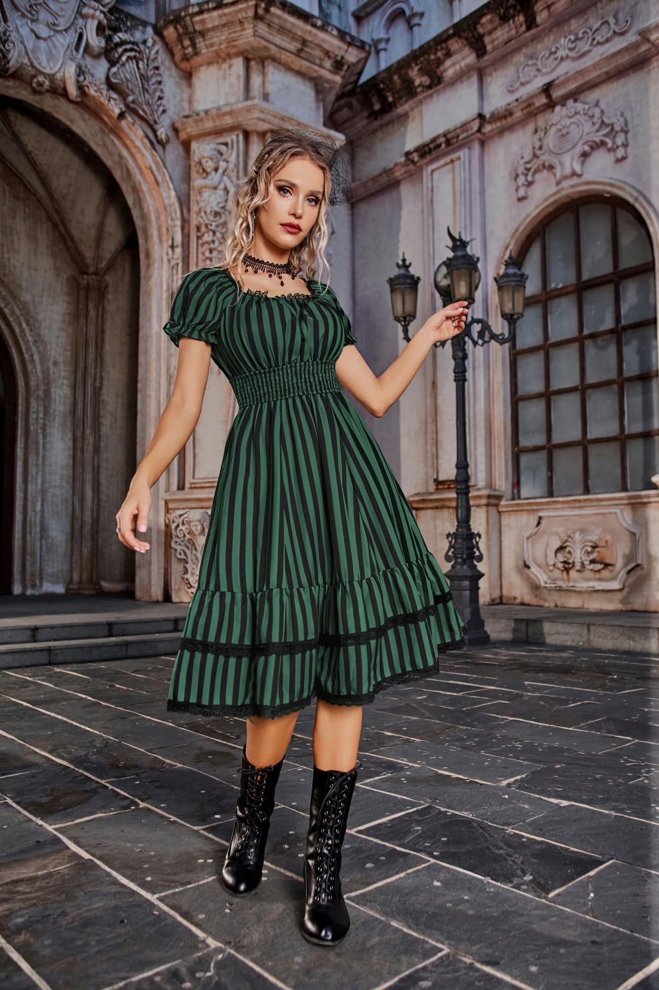 SCARLET DARKNESS Gothic Pirate Corset Dress for Women Summer Vintage Square Neck Renaissance Dresses: Medium Green Black Stripe