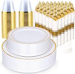 350 Piece Dinnerware Set for Wedding & Party,50 Guest RimPlastic Plates,50 Plastic Silverware,50 Cups,50 Linen Like Napkins (Gold)
