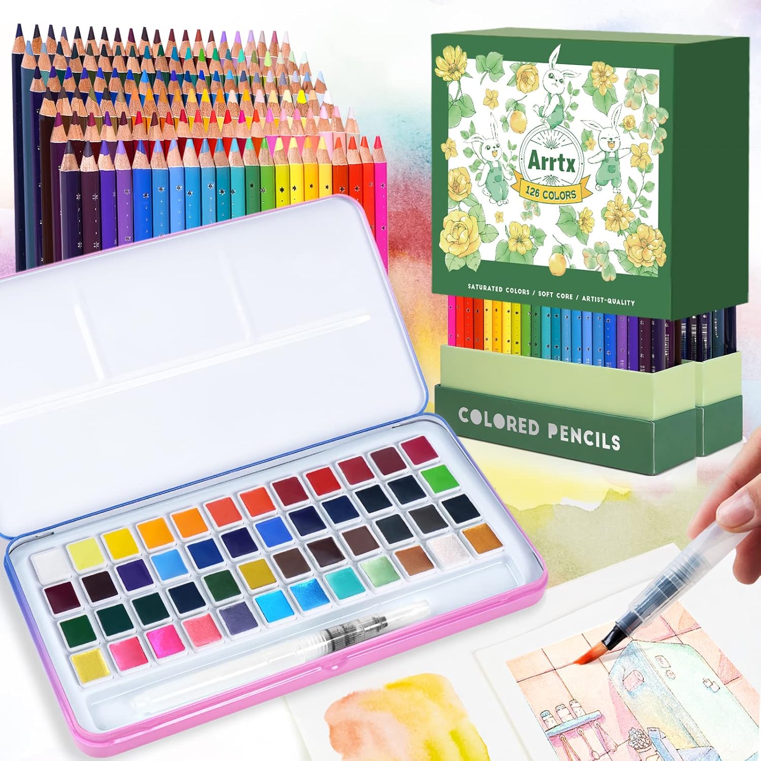 Bundle of Arrtx Professional 126 Colors Colored Pencils with MeiLiang Watercolor Paint Set, 48 Vivid Colors Perfect as Art Gift, Suitable for Beginners, Professionals