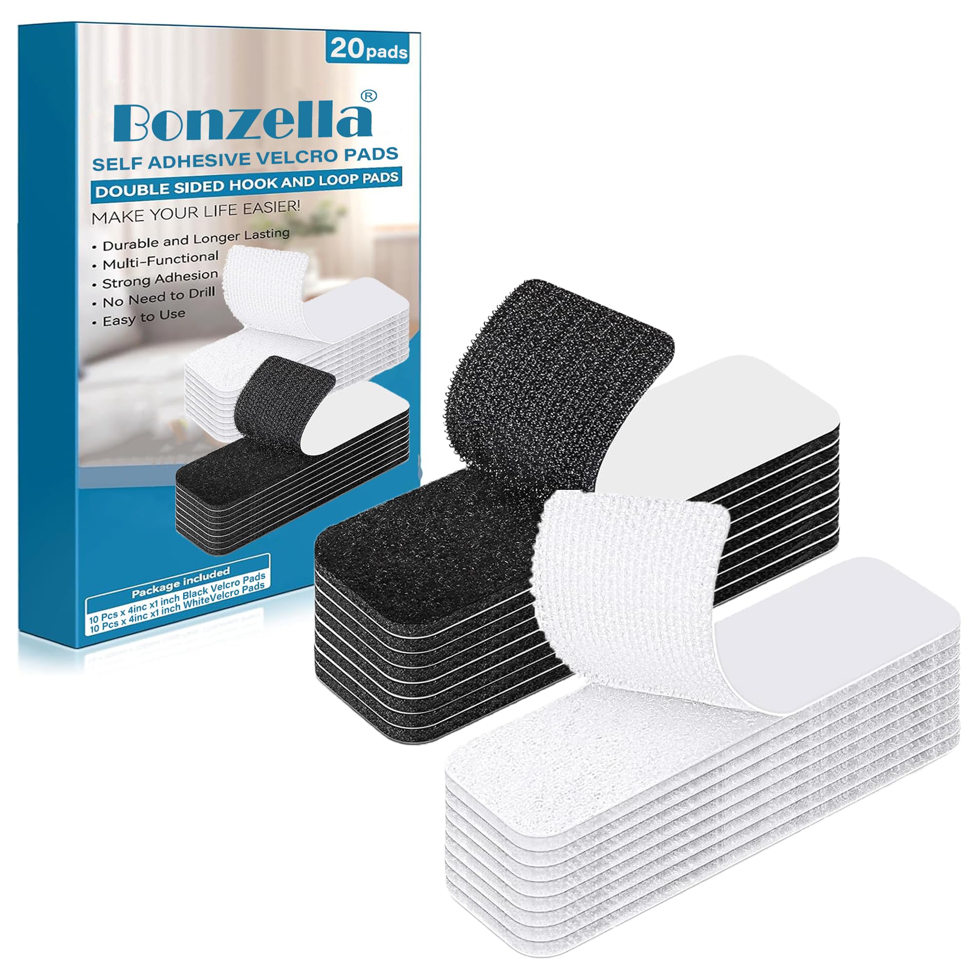 BONZELLA 20pcs Self Adhesive Hook and Loop Strips Tape 1x4 Inch Mosquito net Mounting Tape For Home, Office, Carpet, Multipurpose Double Sided Hook & Loop Tape for Crafting & Hanging (Black + White, 1in X 4in)
