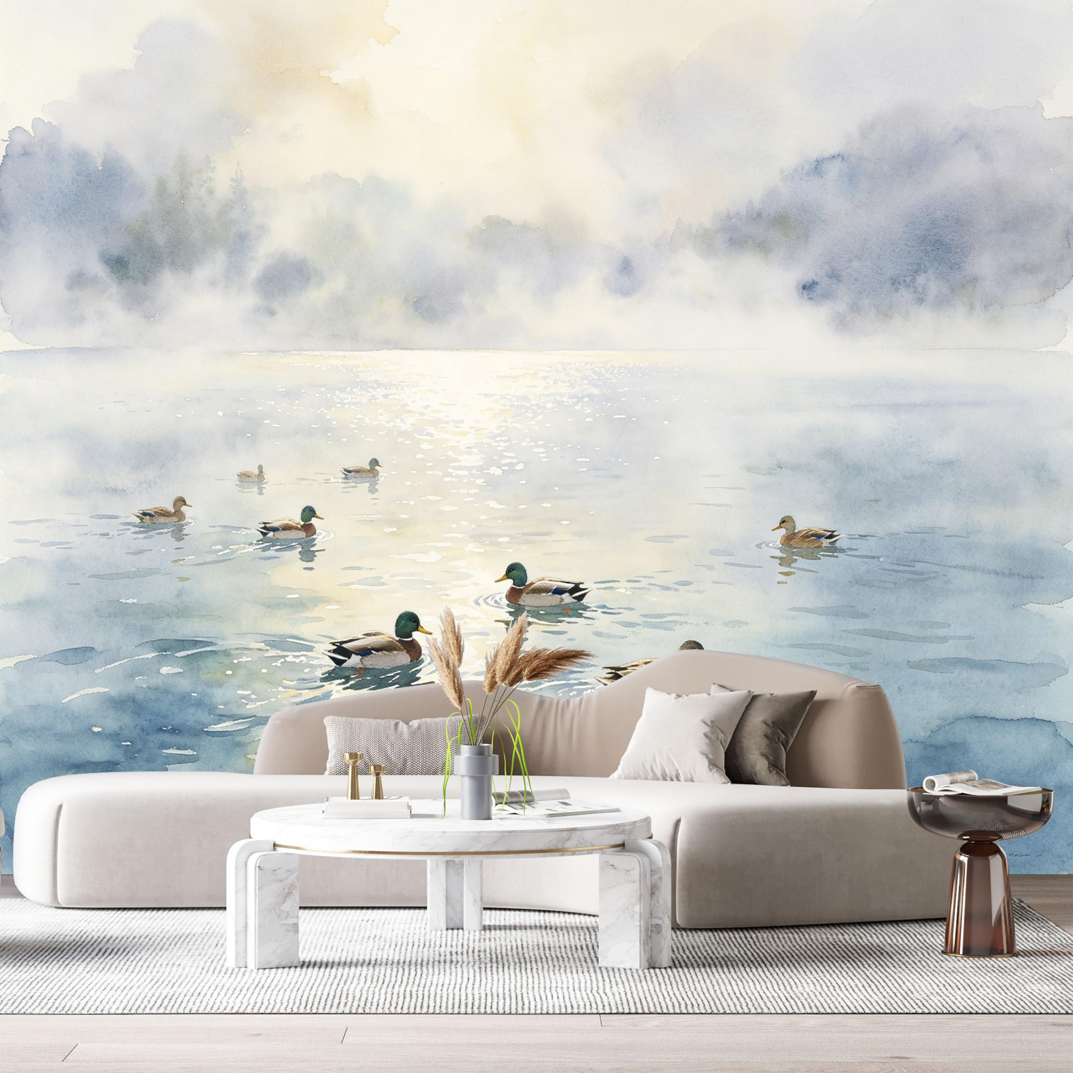 Custom Size Wall Murals Misty Lake Mallard Ducks Watercolor Landscape SelfAdhesive Wall Fabric Removable Large Wallpaper for Photo Living Room Interior Decor Wall Art