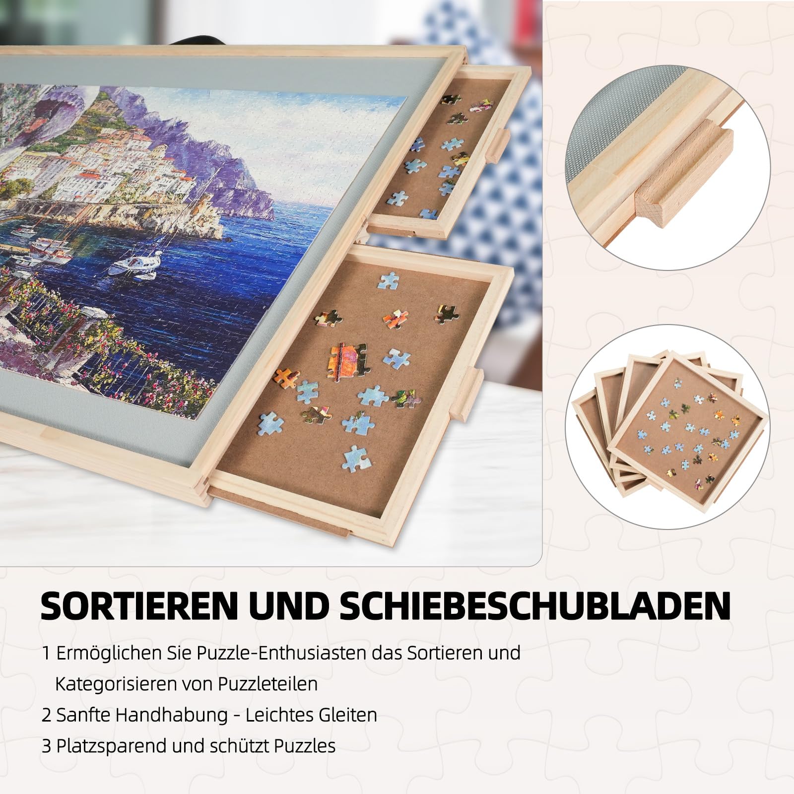 1500 elementów, 2 w 1, nachylona i obracana deska do puzzli dla dorosłych, drewniane biurko z 4 szufladami, 84,3 x 62,3 cm, przenośna deska z Lazy Susan i pokrywą