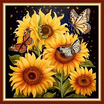 Foxdiviy Stamped Cross Stitch Kits Full Range of Embroidery Needlework Starter Kits for Beginners Adults 11CT Embroidery Patterns Art Crafts DIY Needlepoint Kits-Butterfly Sunflower 18x18 inch