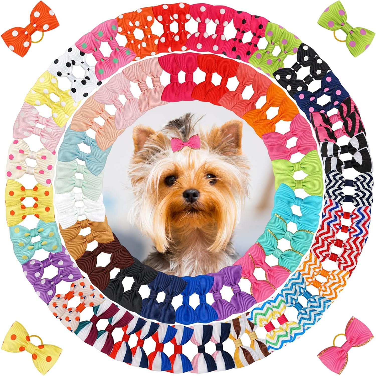 Yxiang 100PCS Cute Pet Grooming Accessories - Colored Polka Dot Hair Bows with Rubber Bands for Small Dogs