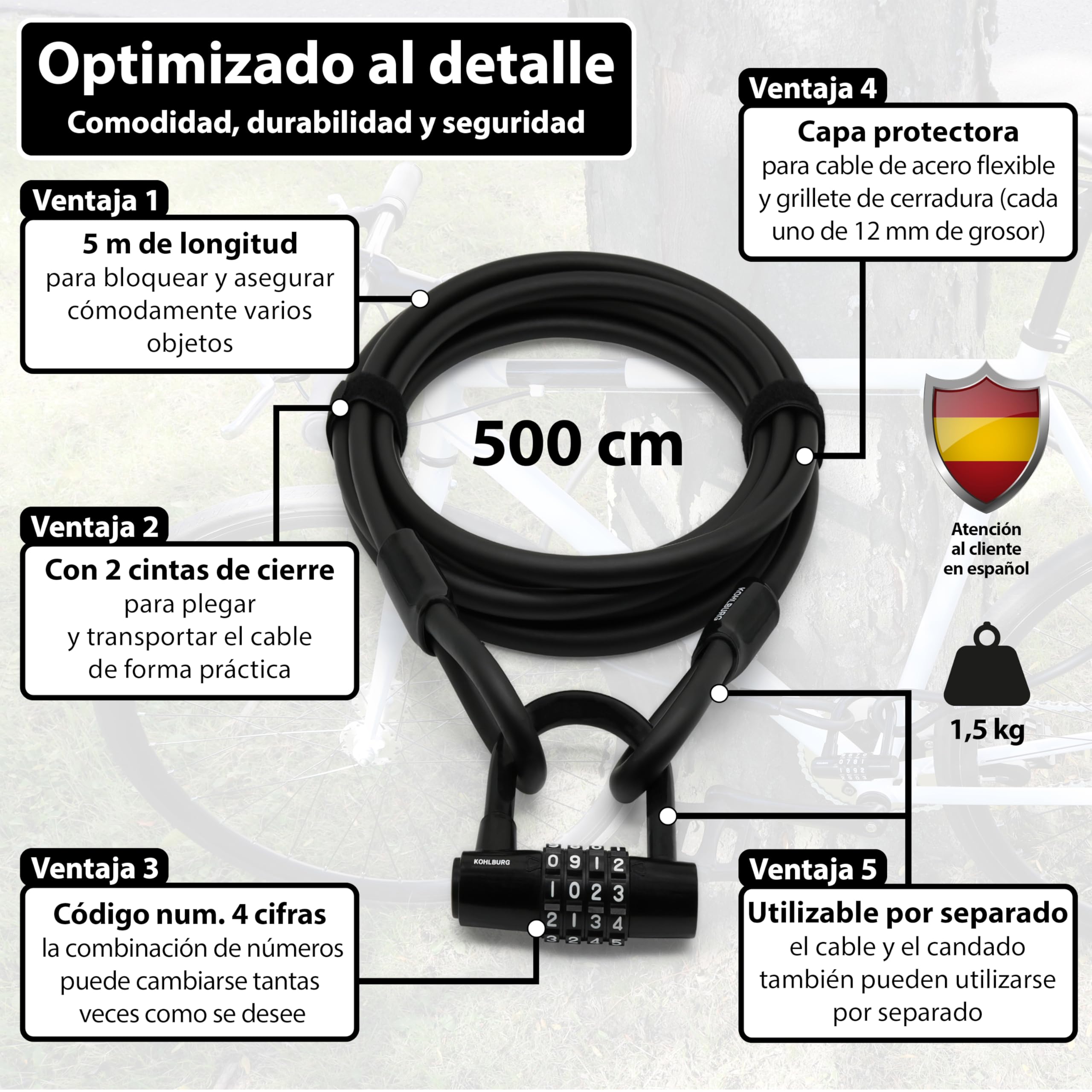 KOHLBURG Candado de cable con combinación 500cm candado bicicleta antirrobo | Candado combinacion 5 metros | Cable de acero con cintas de gancho y bucle | Antirrobo para bici, muebles de jardín, remolque