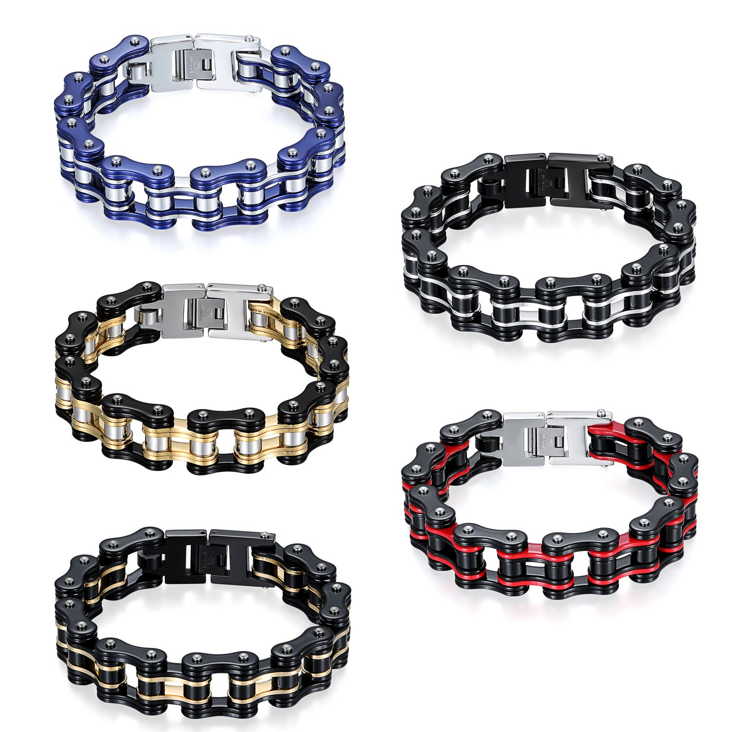 JewelryWe Schmuck Herren Biker Kette Armband, Groß Schwer Hochglanz Poliert Fahrradkette Motorradkette Armkette Armreif aus Edelstahl, 5 Verschiedene Modellen