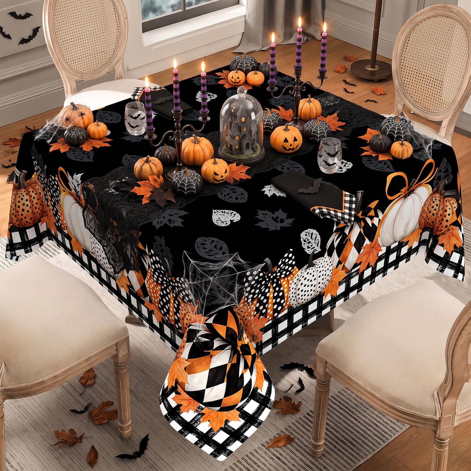Faptoena Halloween Tablecloth 60×60 Inch Square, Buffalo Plaid Pumpkin Table Cloth, Washable Table Cover for Party Picnic Halloween Decor