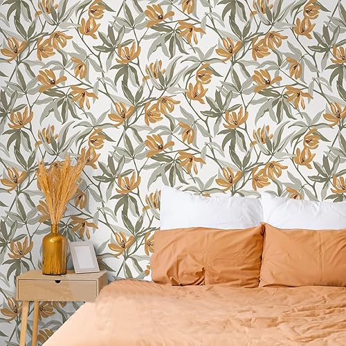 Miniatura 6 de Micpolo Papel tapiz floral para despegar y pegar, papel de contacto floral naranja para gabinetes, papel tapiz extraíble de hojas para dormitorio,