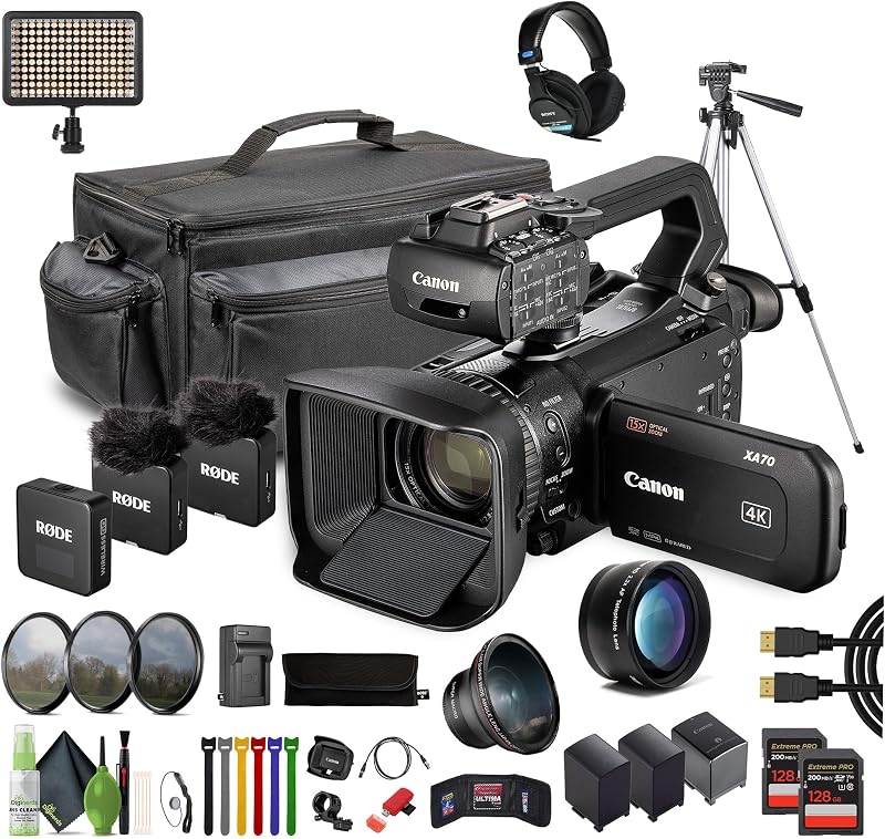 Canon XA70 PAL 4K UHD/25p Camcorder with Tripod Bundle | For Professional Video + 2-Person Compact Digital Wireless Microphone + Stereo Headphones + 2x 128GB Memory Cards + LED Light