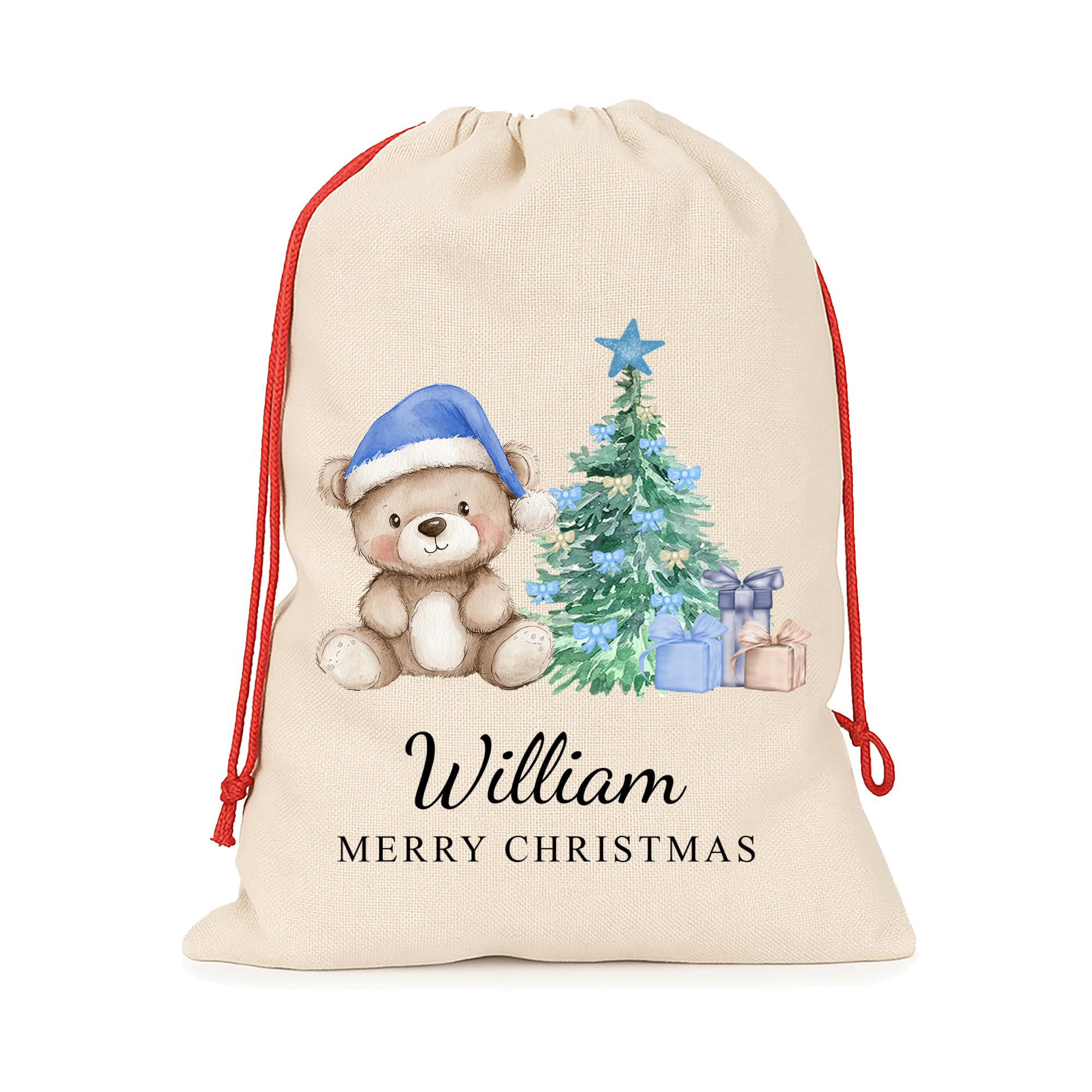 Chicken Craft Personalised Small Santa Sack with Custom Name - Christmas Sack for Presents - Kids Xmas Gift Bag - Christmas Eve Bag - 30x40cm Linen Style - Blue Teddy — image 1