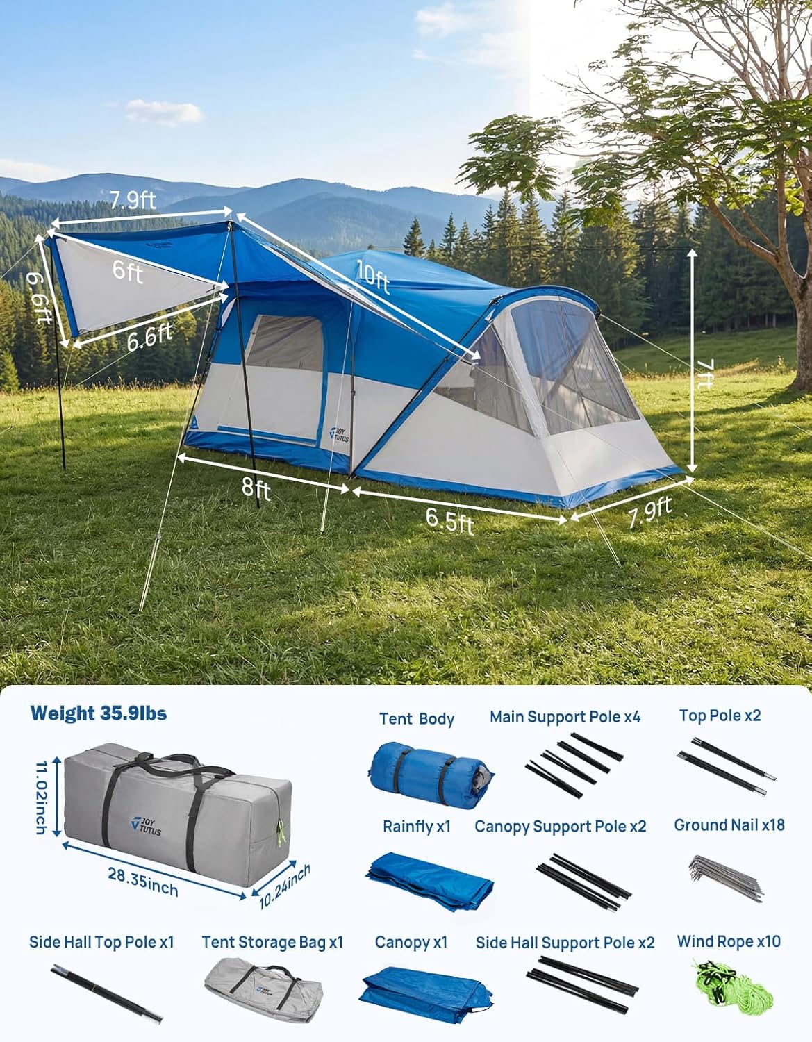JOYTUTUS SUV Tent with Screen Porch, Rainfly and Awning for Family Camping, 60% More Space Car Tent for 5-9 Person, Dual-Use Camping Tent with 2 Rooms, Double Door, Starry Sky Roof, Fits SUV Car Van