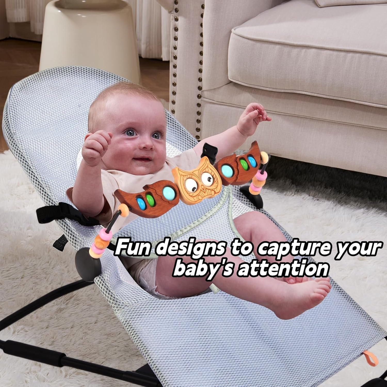Toy Bar Compatible with Baby Bjorn Bouncer，Baby Bouncer Toy Bar ，Wooden Bouncers Toys Attachment, Fun Owl-Shaped Design for Babies of All Ages to Play