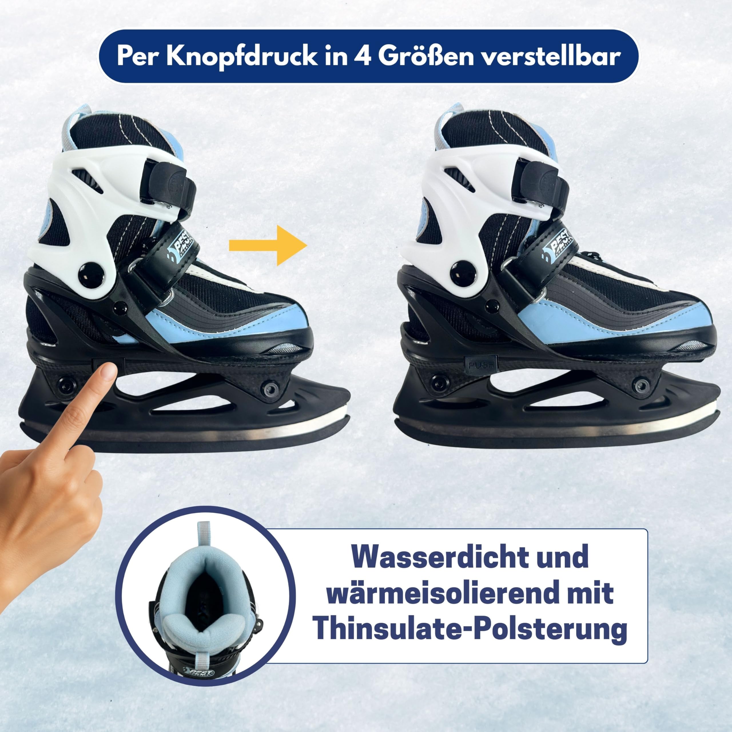 Best Sporting Schlittschuhe Kinder, Damen & Herren I 4-Fach verstellbare Eislaufschuhe Kinder I Softboot Ice Skates - wasserdicht und wärmeisolierend mit Push-Lock-Schnalle