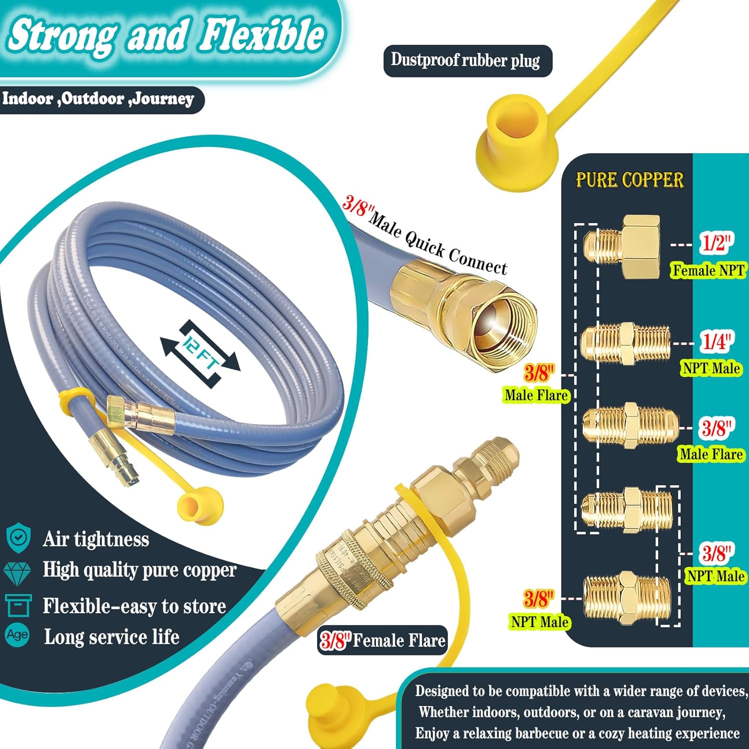 Propane to Natural Gas Conversion Kit, 12FT 3/8" Natural Gas Hose with Quick Connect for Blackstone, Weber, Char-Broil,nexgrill,Pizza Oven,Generators,with Natural Gas Adapter