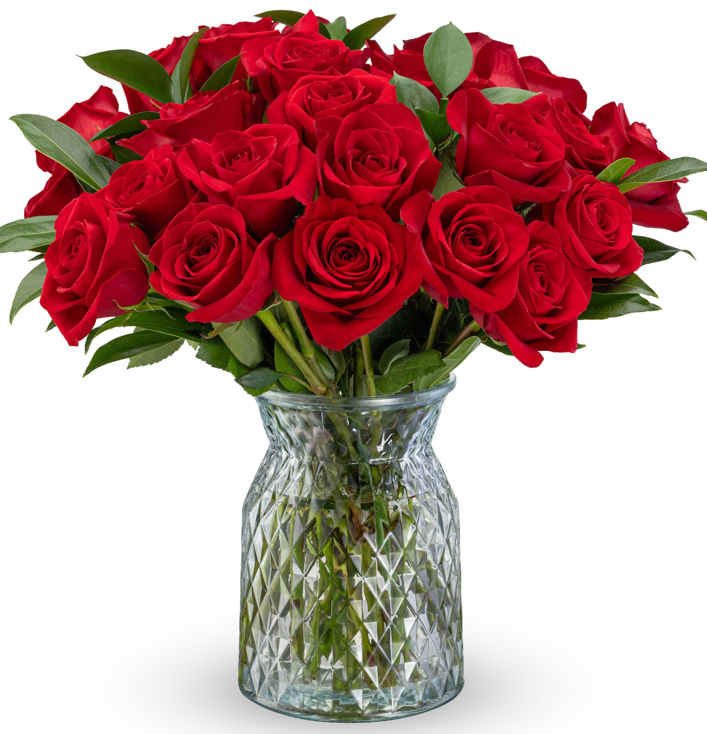 Benchmark Bouquets - Red Roses Bouquet - Fresh Flowers for Delivery - Real Roses - Two Dozen Long Stem Roses for Anniversary - Romantic Gift Set - Gifts for Women (Glass Vase Included)