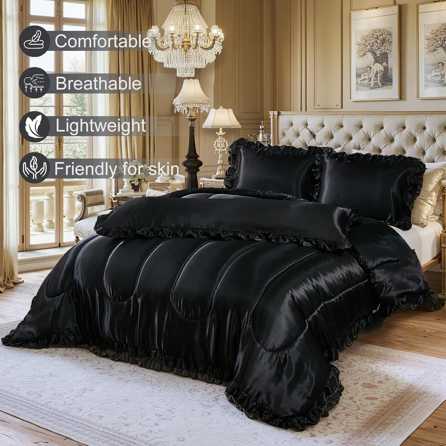 Satin Queen Comforter Set Silk Like Satin Bedding Set Hotel Soft Polyester Black Bed Set Luxury Silky Pillow Cover with Quilt Set Ruffle Down Comforter Home Decor