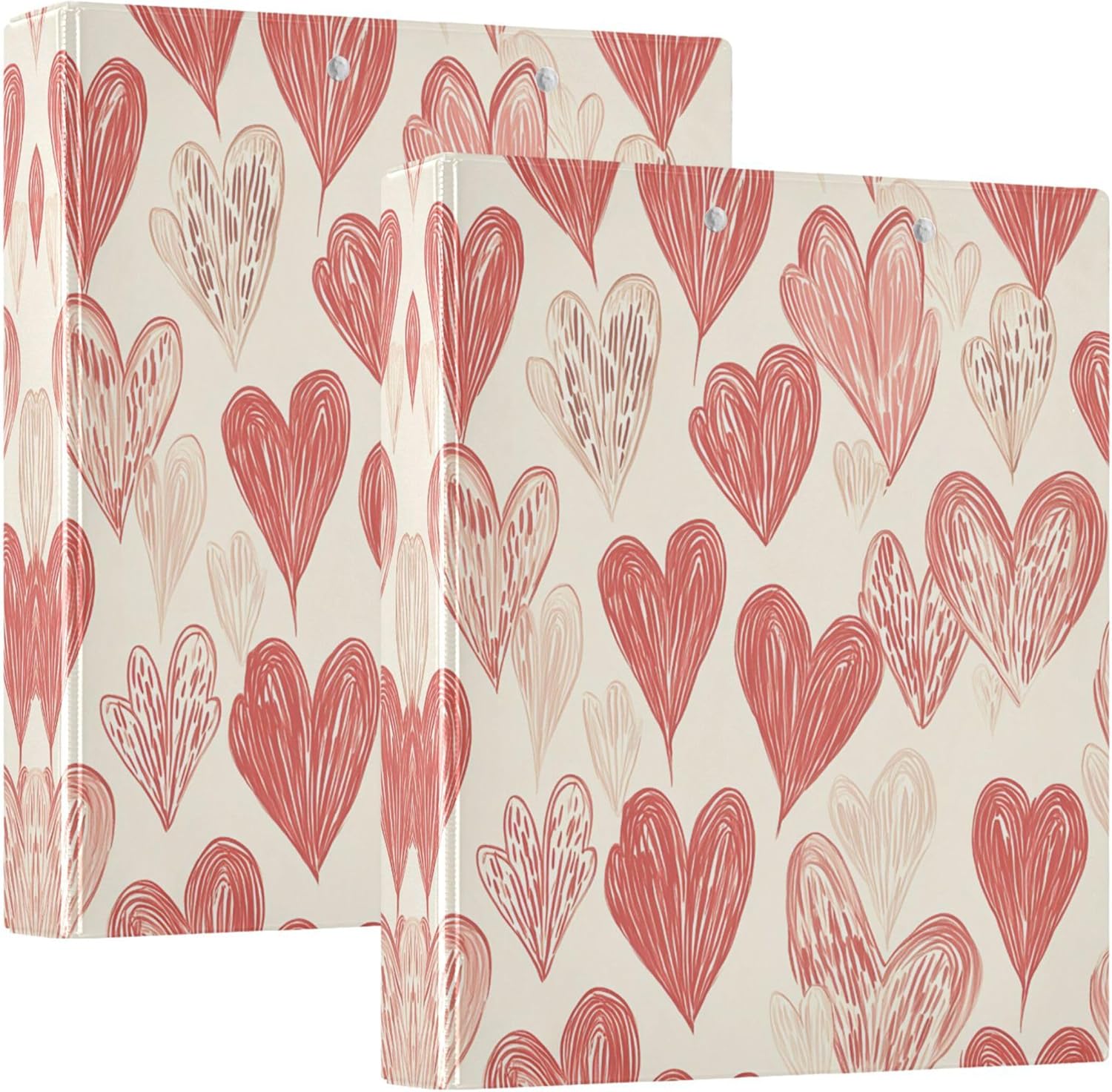 Valentine's Day Hand Drawn Hearts 3 Ring Binders, 1.5” Round Ring Binders with Clipboard - Letter Size, 3 Interior PVC Clear Pockets & Anti-Slip Clip for Office School Supplies, 2PCS