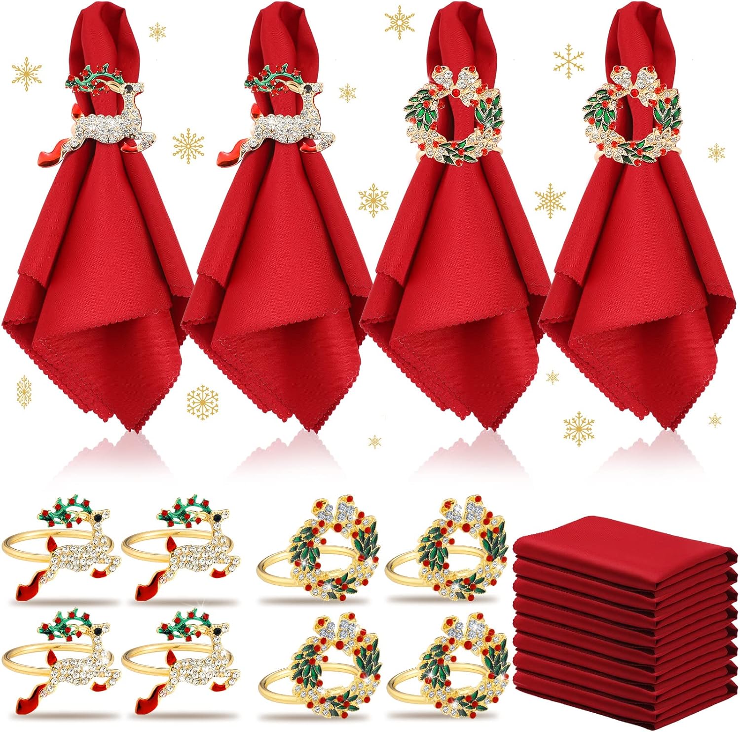 EBOOT 16 PCS Christmas Napkins and Ring Set 8 PCS Red Washable Napkins Cloth Fabric and 8 Christmas Rings Holder for Xmas Holiday Dinner Party Table Decoration(Elk, Bell)