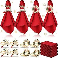 Vista 10 de EBOOT 16 piezas de servilletas de Navidad y juego de porta servilletas 8 piezas de servilletas lavables rojas de tela y 8 porta servilletas