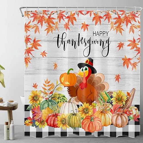 Miniatura 8 de LB Thanksgiving Turkey Shower Curtain for Bathroom,Autumn Harvest Pumpkin Sunflower Floral and Maple Leaf Fabric Shower Curtain with Hooks,Farmhouse