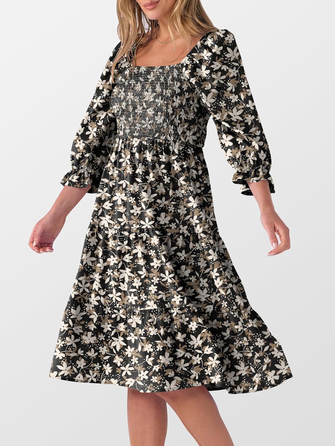 Caracilia Women 3/4 Sleeve Square Neck 2026 Summer Fall Wedding Guest Floral Smocked Casual Boho Midi Dresses - Image 2