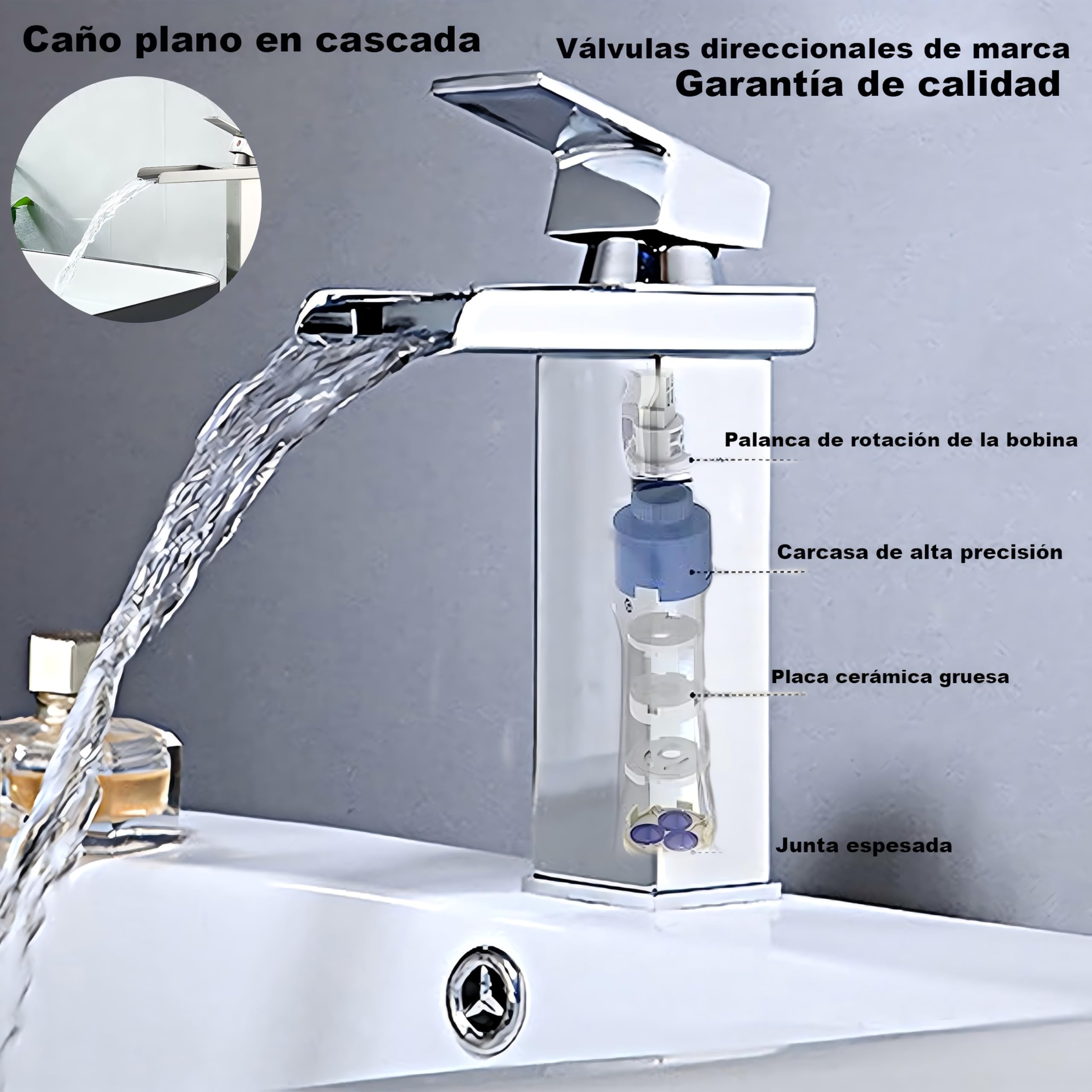 Grifo de baño de cascada de acero inoxidable y latón, ahorro de agua, grifo de lavabo con salida caliente y fría, grifo monomando (cepillado)