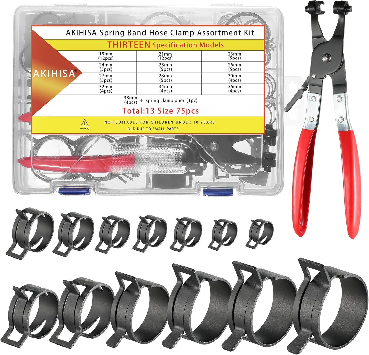 AKIHISA 75Pcs 19-38mm Spring Band Hose Clamp Assortment Kit with Hose Clamp Pliers, 13 Sizes Spring Hose Clip Fuel Line Silicone Vacuum Hose Pipe Clamp, Air Hose Tube Water Pipe Fasteners