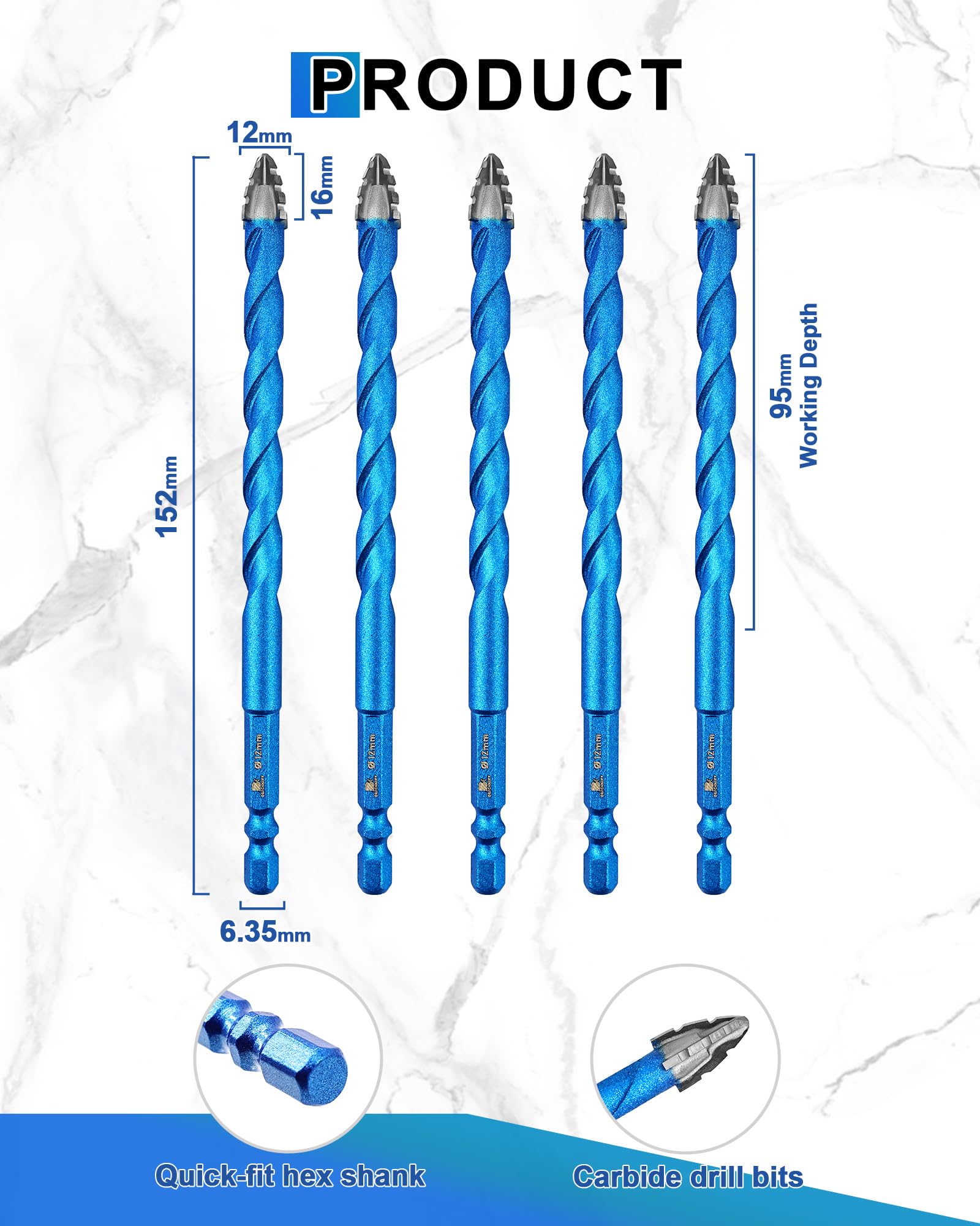 Juego de Brocas de Carburo para Mampostería - 10 Piezas 12mm Brocas Porcelanico Set para Madera, Plástico, Ladrillo, Cerámica, Vidrio, Hormigón y Mármol
