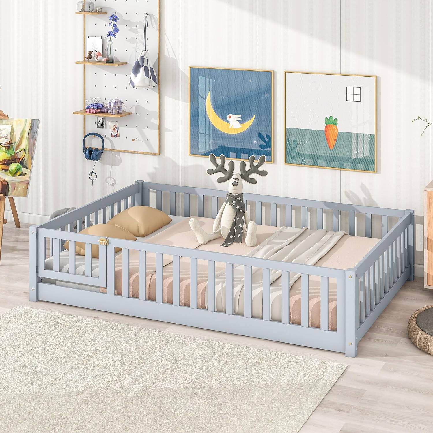 Full Size Floor Bed with Fence and Door, Wood Montessori Toddler Children Kids Bed Frame with Safety Guardrails, Gray